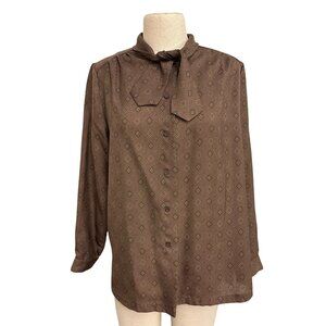 Vintage Hanano Blouse 88 By Yoshihara Brown With Tie Neck Long Sleeve Polyester